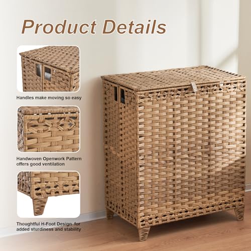 Laundry Hamper with Lid, 190L Large Basket 3 Section 6 Removable