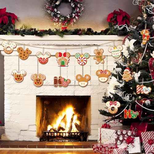 24pcs Gingerbread Christmas Tree Decorations Wood Hanging Ornaments Mouse Joy Pattern Gingerbread Christmas Ornaments for Tree Winter Holiday Hanging Decor Indoor