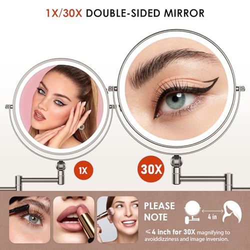 ZLOKLA 9-Inch Rechargeable Wall-Mounted Lighted Makeup Mirror 30X Magnification, Nickel Finish, 4000mAh Battery, Extendable Arm, Touch Dimmable Lights - Nickel