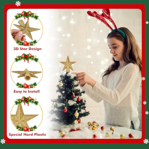 Christmas Tree Topper, 2.36" Gold Glitter Tree Topper, 3D Xmas Shatter-Proof Mini Bethlehem Tree Star Decorations, Waterproof Star Topper Decor for Holiday Home Outdoor Ornament