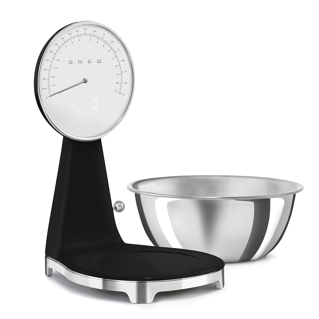 SMEG Retro-Style Analog & Digital Kitchen Scale, 11 lb Capacity, Rechargeable Battery, Backlit LCD Display, Stainless Steel Bowl (Black)