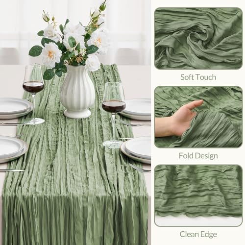 Veblandy Sage Green Cheesecloth Table Runner 120 Inch Boho Rustic Wedding Decor