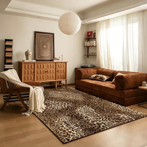Leopard Rug 5x7 ft - Soft Faux Wool Non-Slip Cheetah Print Area Rug for Bedroom & Living Room - Brown Animal Print, Safari Style