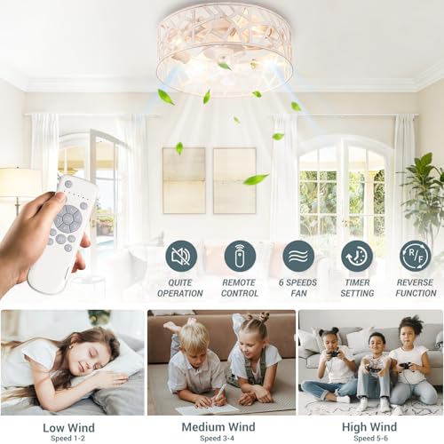 Wheatronic 18 Inch White Farmhouse Flush Mount Ceiling Fan with Lights & Remote