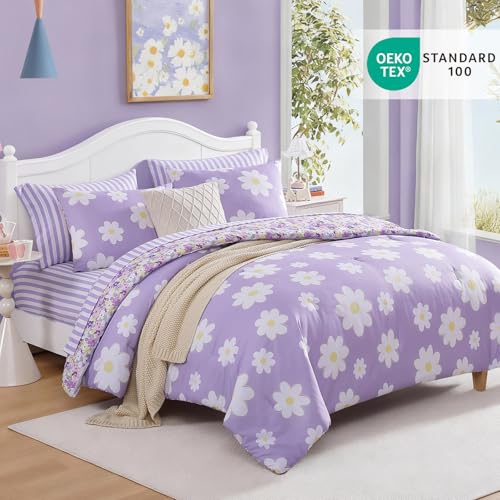 Full Size Purple Daisy Comforter Set for Girls - 7 Pieces Bed in a Bag, Pink & White Floral Bedding, Double-Sided Design, Soft & Cozy, AMBERSPACE