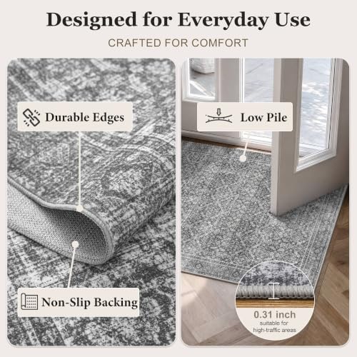 6x9 Washable Area Rug - Vintage Floral, Nonslip Grey Carpet for Living Room & Bedroom - Variation: Grey / 6' x 9'