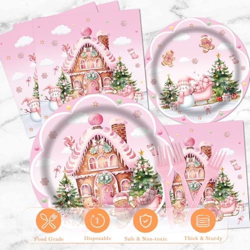 Christmas Pink Gingerbread House Tableware Set 96 Pcs Disposable