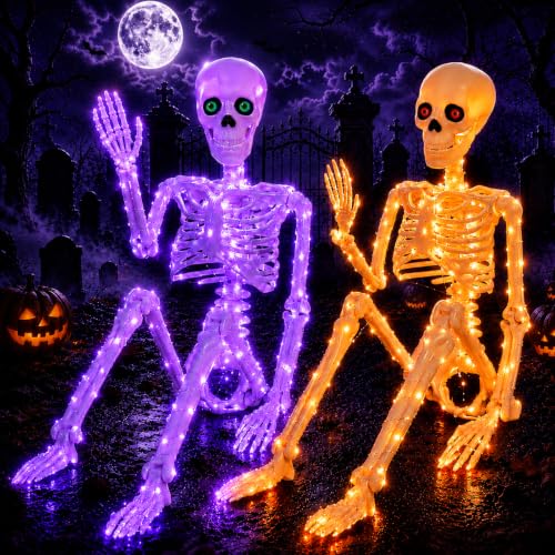 Halloween Skeleton Decor 2 Pack with Orange & Purple Lights, Adjustable Joints, 3FT