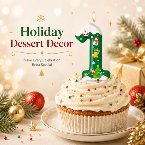 Christmas Number 1 Birthday Candle Green Bell - Cake Topper with Pick, Xmas Tree Holiday Décor