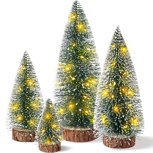 4PCS Mini Christmas Tree with Lights, Bottle Brush Trees, Christmas Table Decorations, Small Christmas Village Trees for Xmas Holiday Party Home Craft (Lighted)