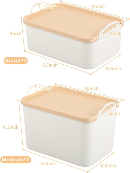 ANMINY Plastic Storage Bins - 5PCS Lidded Containers for Closet & Desktop Organization | Wheat Lids