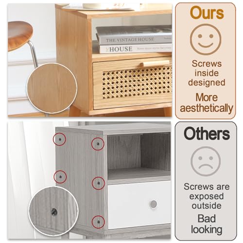 MaxSmeo Modern Nightstand with Rattan Drawer - Natural Walnut Finish - Small Space Bedroom & Living Room Side Table with Storage & Solid Wood Legs - Easy Assembly