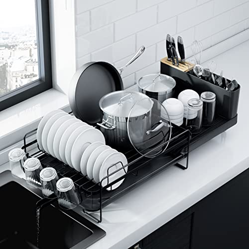 Extendable Dish Drying Rack Black - Adjustable Kitchen Drain Organizer with Cutlery & Cup Holders - Standard Variation