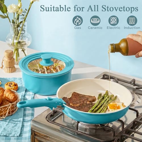 Nonstick Cookware Set 21 Pcs with Detachable Handles - Light Blue Gradient