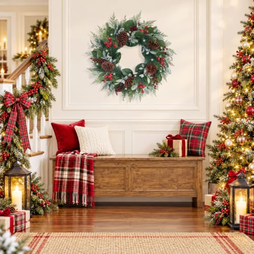 26" Large Christmas Wreath with Lights, Iced Red Berry & Pinecones