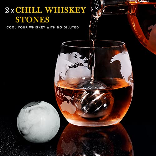 PONPUR Whiskey Decanter Globe Set with 850ml Bottle, 2 Glasses & Chill Stones for Men Dad