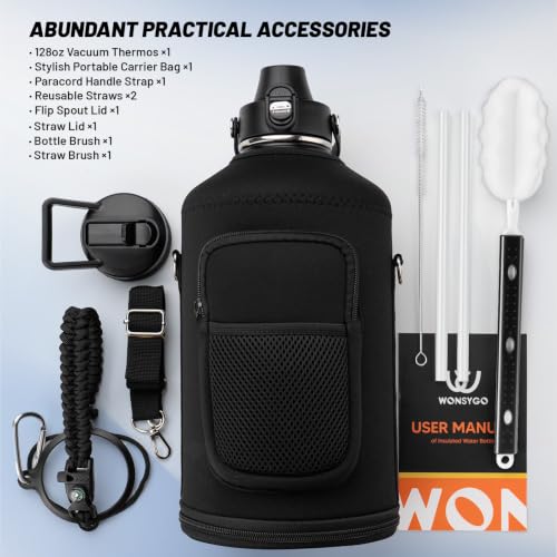 Premium Black 1 Gallon Insulated Water Bottle Leak Proof with Carrier Bag