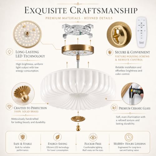 12-Inch Dimmable LED Milk Glass Ceiling Light - Gold Flush Mount, Sunflower Inspired, Remote Control
