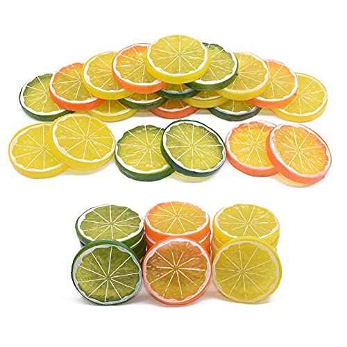 CiCy 30 Pieces Simulation Lemon Slices Plastic Lifelike Fake Fruit Model Artificial Lemon Props for Party Kitchen Wedding Decoration Photography Props, Orange, Green and Yellow