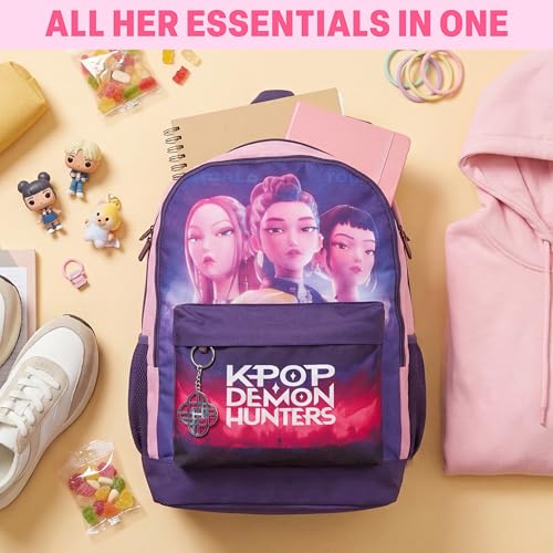 Get Trend KPop Demon Hunters Backpack for Girls - Purple/Pink, 18in Official Bookbag with Adjustable Padded Straps, Lightweight School & Travel Bag