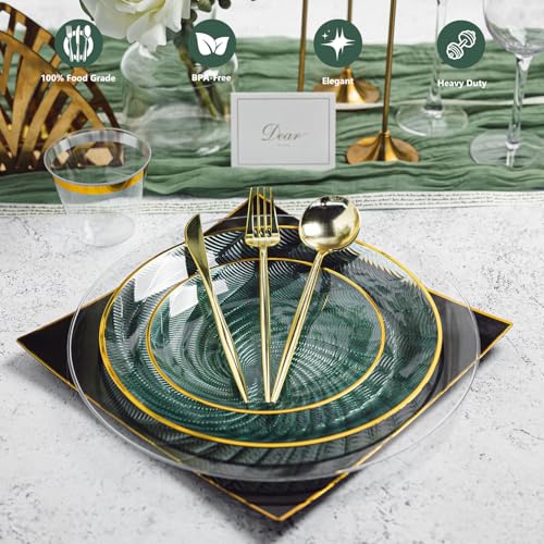 N9R 180PCS Green Plastic Plates Gold Rim, Disposable Party Dinnerware