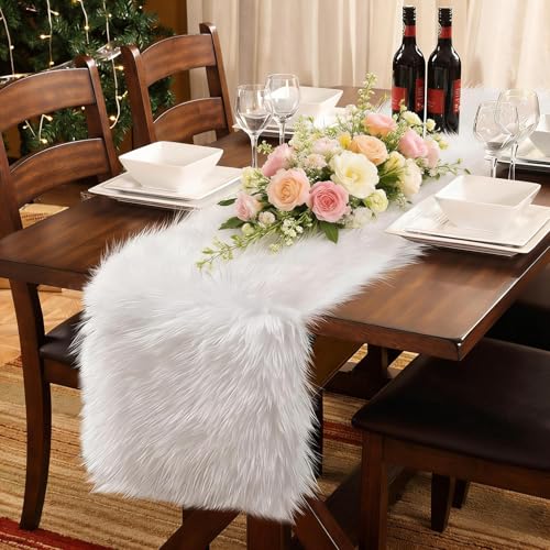 Yuboo White Faux Fur Fluffy Table Runner 14 x 72 Inches for Bedroom & Dining