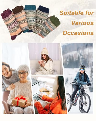 Senker Fashion Wool Socks for Women - 5 Pairs Winter Warm Crew Boot Socks, One Size, Blue Dark Blue Brown Red Green