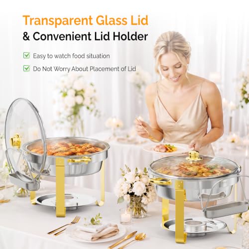 5QT Chafing Dish Buffet Set - Gold Accent, Round Stainless Steel, 4 Pack