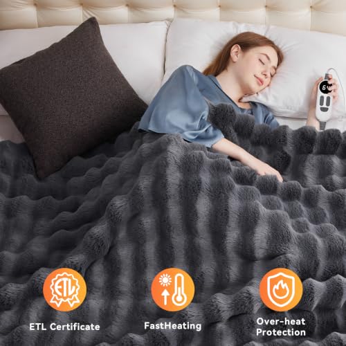 Electric Heated Blanket Throw with 6 Heat Levels, Auto-Off Timer 62x84 Dark Grey Faux Rabbit Fur