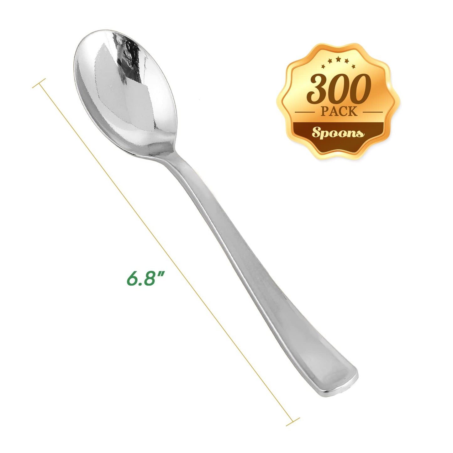 FOCUSLINE 300 Pack 6.8" Disposable Silver Plastic Spoons, Solid and Durable Plastic Cutlery Spoons, Heavy Duty Disposable Utensil Silverware for Catering, Parties, Dinners, Weddings