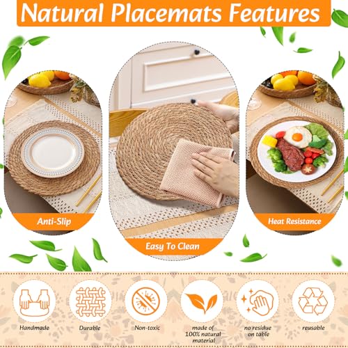 Gandeer 4 Sets Boho Table Runner & Placemats Set, White 12x72" - 4 Rectangular & 4 Round Placemats