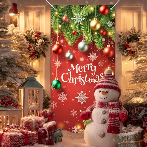 IVN Christmas Red Door Cover Banner with Ornament Branch - 71x35 Inch