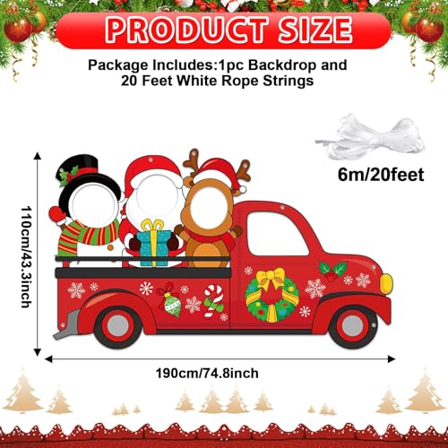 Large 75 Inch Christmas Red Truck Photo Booth Backdrop with Reindeer Santa Snowman