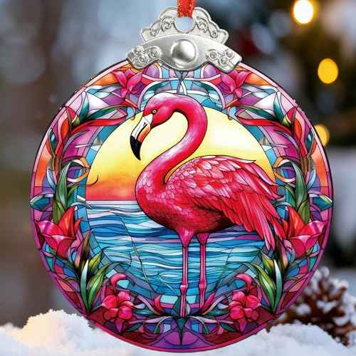 Flamingo Christmas Tree Ornaments - Stained Glass Hanging Art Decor for Window Home Elegant Round Ornament Small Sun Catcher Xmas for Bird Lover Women Gifts Exchange Idea