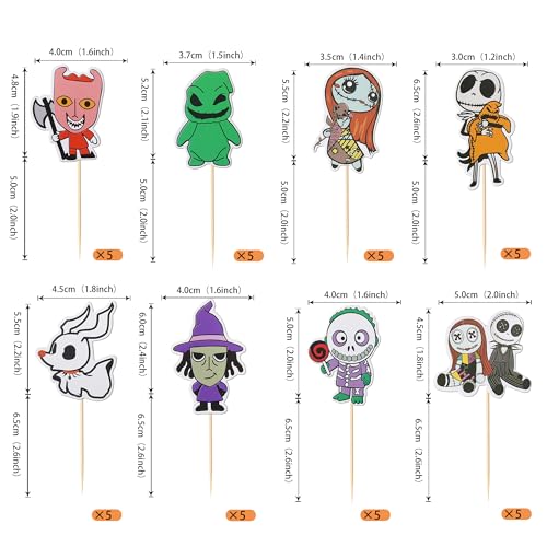 40 Pack Halloween Cupcake Toppers Skull Ghost Jack and Sally Cupcake Picks for Scary Christmas Halloween Anniversary Birthday Cake Decorations Party Supplies