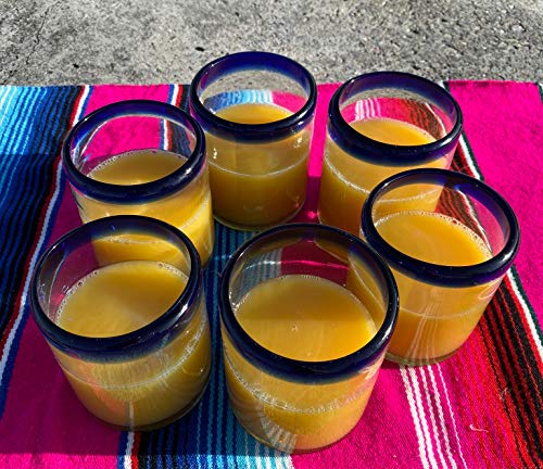 Mexican Hand Blown Glass Tumblers Set of 6 - Blue Rim 10 oz Drinking Glasses