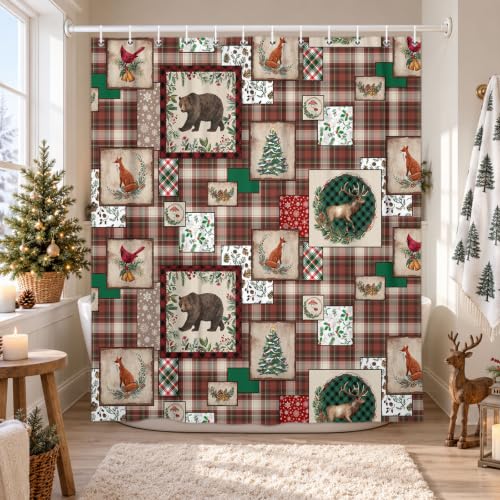 Wathon Christmas Plaid Shower Curtain with Woodland Lodge Cabin Design, 70x70 inches