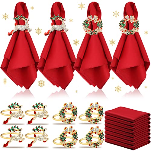 EBOOT Christmas Napkin Rings Set with Elk & Bell Designs, Red Cloth, 16 pcs