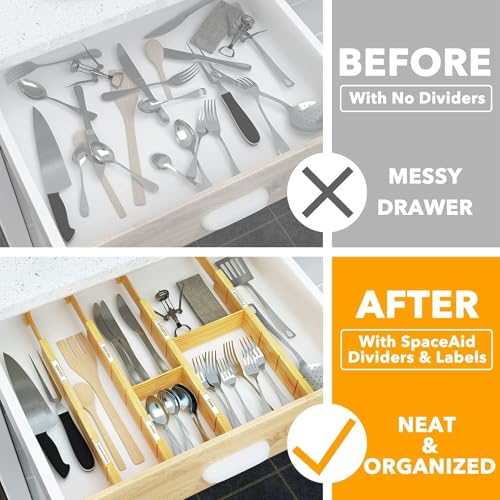 SpaceAid Bamboo Drawer Dividers 17-22 Inch Expandable Kitchen Organizer with Labels