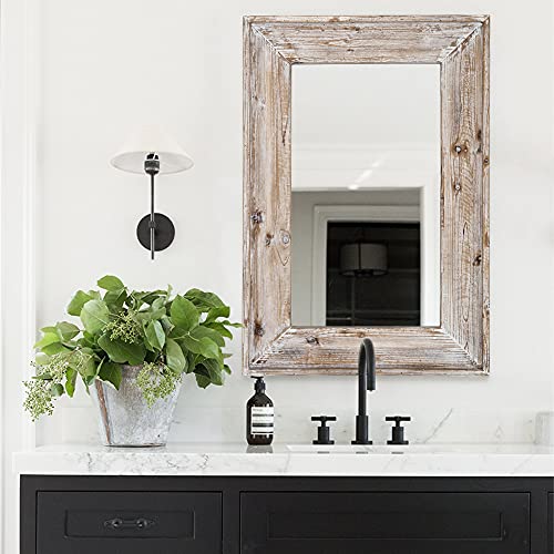 Distressed White Wall Mount Bathroom Mirror - Rustic Rectangle Frame, 36x24 inches