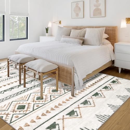 Aoyaomi 6x9 ft Washable Boho Moroccan Area Rug, Non-Slip Geometric Floor Carpet for Living Room & Bedroom, Brown/Green