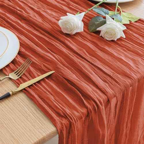 Asee'm Cheesecloth Table Runner 120 Inches Long Terracotta Boho Gauze Cheese Cloth Runner 10FT Rustic Sheer Fall Table Runners for Thanksgiving Christmas Wedding Party Baby Shower Decoration