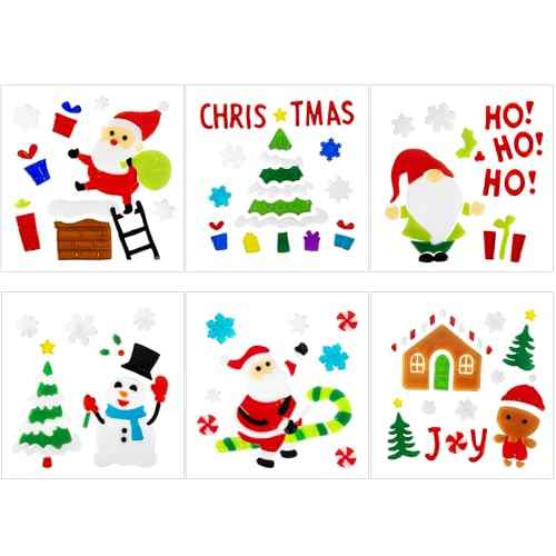 6 Sheet Christmas Window Clings Gel,Snowman,Gingerbread Man,Christmas Tree, Santa Claus, Snowflakes, Christmas Stickers for Glass Windows, Window Clings Christmas Decorations