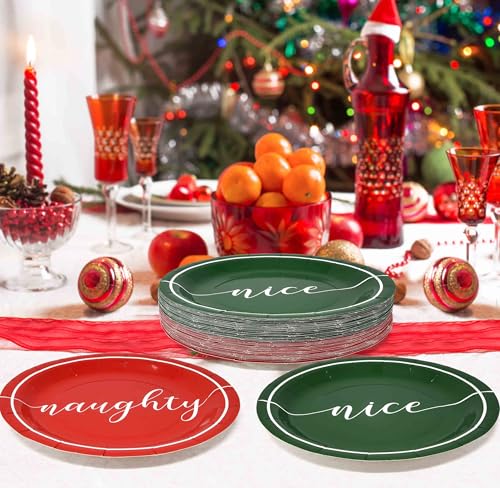 50 Pack Christmas Disposable Dinner Plates 9-Inch Naughty & Nice Holiday Tableware