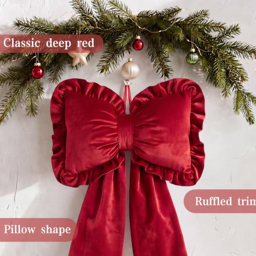 71x14'' Velvet Giant Pillow Christmas Tree Topper Bow, Burgundy Red