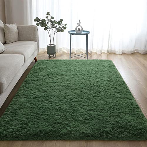 Dark Green 8x10 Plush Shaggy Rug for Living Room & Bedroom - Non-Slip, Machine Washable
