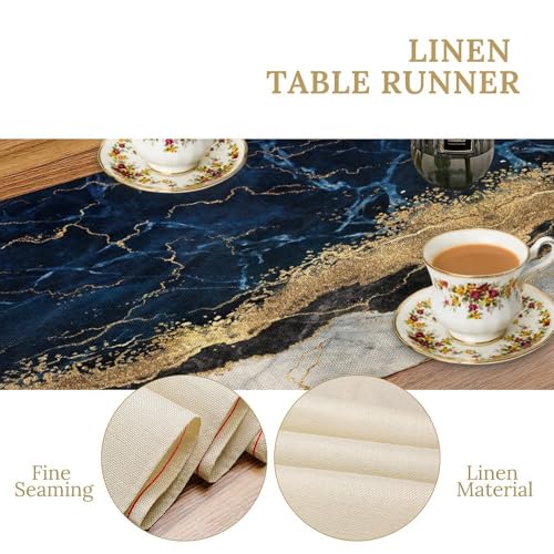 DKMQQUL Marble Table Runner 13x36 Inch Navy Blue Gold Abstract Art