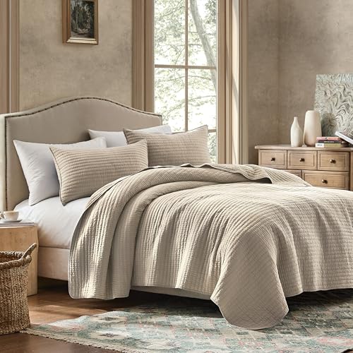 Linen King Size Quilt Set - Warm Yellow Tint, 100% Cotton, Channel Pick Stitch