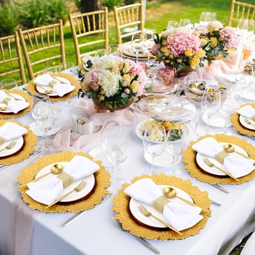 Widecook 100 Sets Gold Reef Charger Plates with Mesh Diamond Napkin Rings, 13" Round Chargers for Wedding Party (Gold / 100)