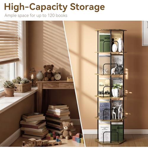 Brown 5-Tier Rotating Hexagonal Corner Bookcase - 360° Spinning Storage Tower